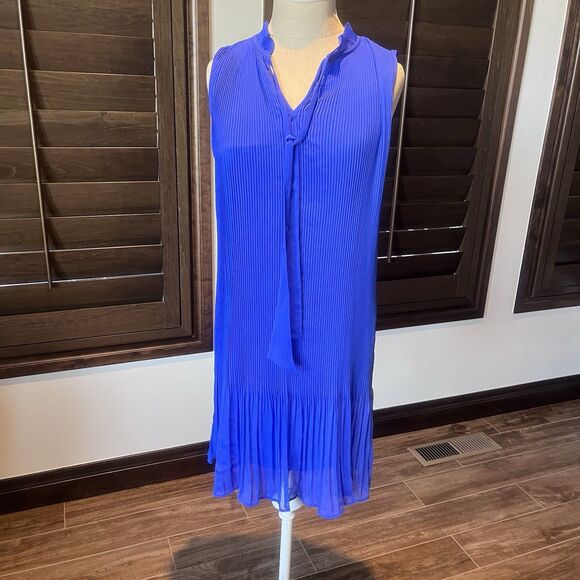 DKNY Dresses & Skirts - Donna Karan New York midi shift dress 4 Blue sleeveless tie neck pleated NEW